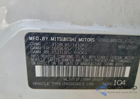 2017 Mitsubishi Mirage G4 Es из США, поврежденный, VIN ML32F3FJ3HHF16459